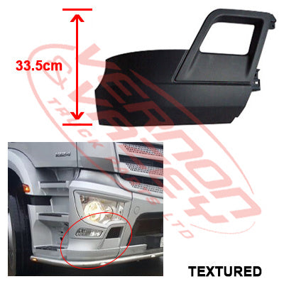 3575391-22 - FRONT BUMPER END - R/H - 33.5cm HIGH - TEXTURED - MERCEDES BENZ ACTROS - MP4 - (SUIT TEAR DROP HEADLAMP TYPE)