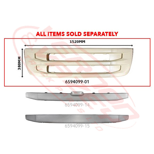6594099-01 - GRILLE PANEL - LOWER (FITS BETWEEN HEADLAMPS) - 1520x380mm - CHASSIS 1020mm - SCANIA R / G TRUCK - 2009- LOW BUMPER