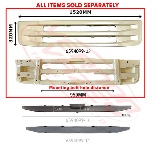 6594099-02 - GRILLE PANEL - LOWER (FITS BETWEEN HEADLAMPS) - 1520x320mm - CHASSIS 1140mm - SCANIA R TRUCK - 2009- HIGH BUMPER